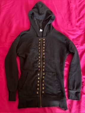 Old Navy Black Hooded Zip Jacket with Gold Stud Trim